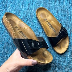 Birkenstock Madrid Birko-Flor Patent Leather Slide Sandals in Black